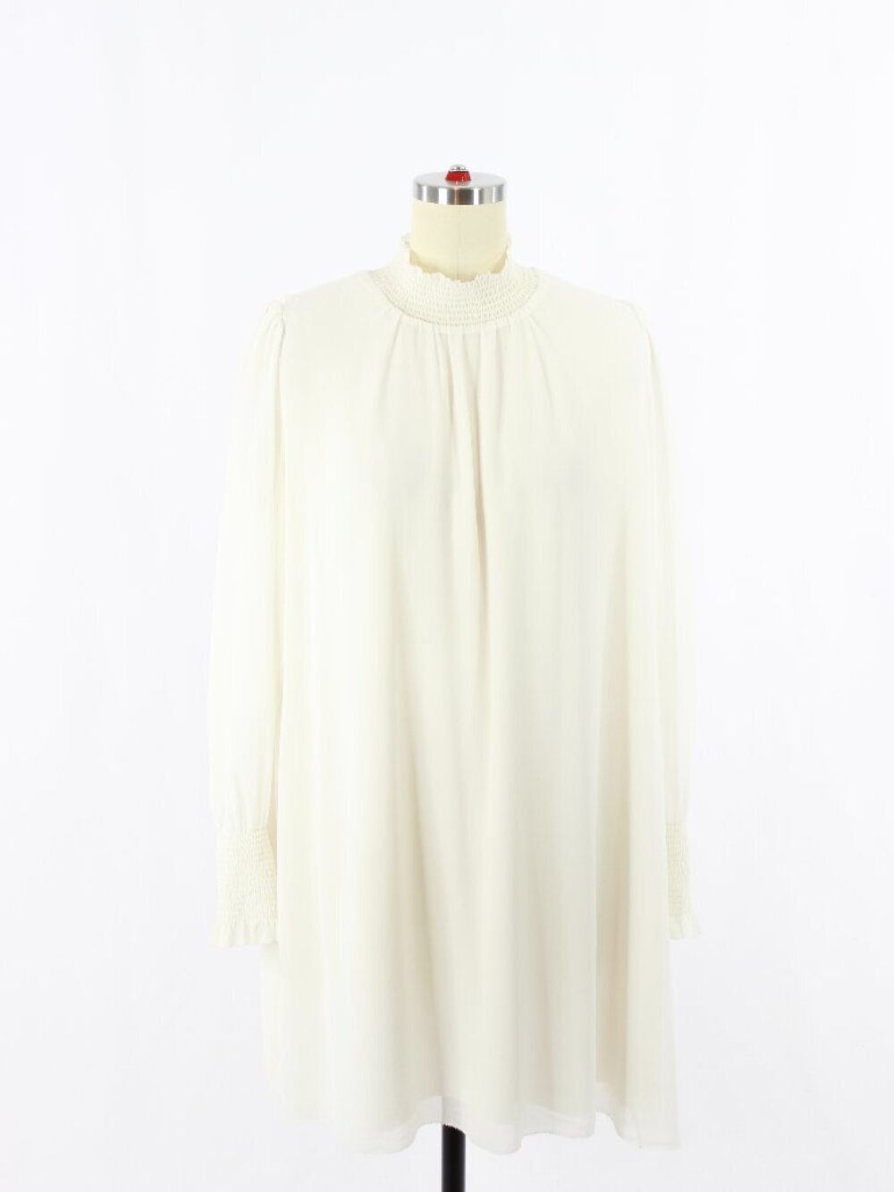 Aritzia WILFRED Valencia Ivory Chiffon Smocked Long Sleeve Mini Dress, Size M